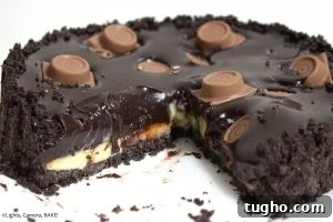 Chocolate Caramel Tart is a no bake tart with an Oreo base with a buttery, creamy caramel filling and a thick chocolate ganache top. #carameltart #chocolatetart #chocolatecarameltart #rolotart