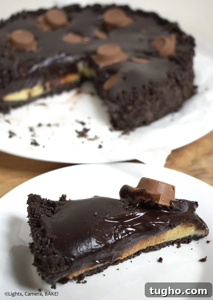 Chocolate Caramel Tart is a no bake tart with an Oreo base with a buttery, creamy caramel filling and a thick chocolate ganache top. #carameltart #chocolatetart #chocolatecarameltart #rolotart
