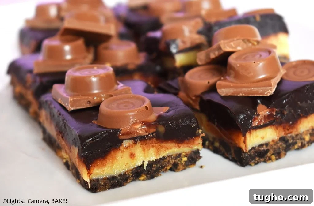 Caramel chocolate tart on a white plate.