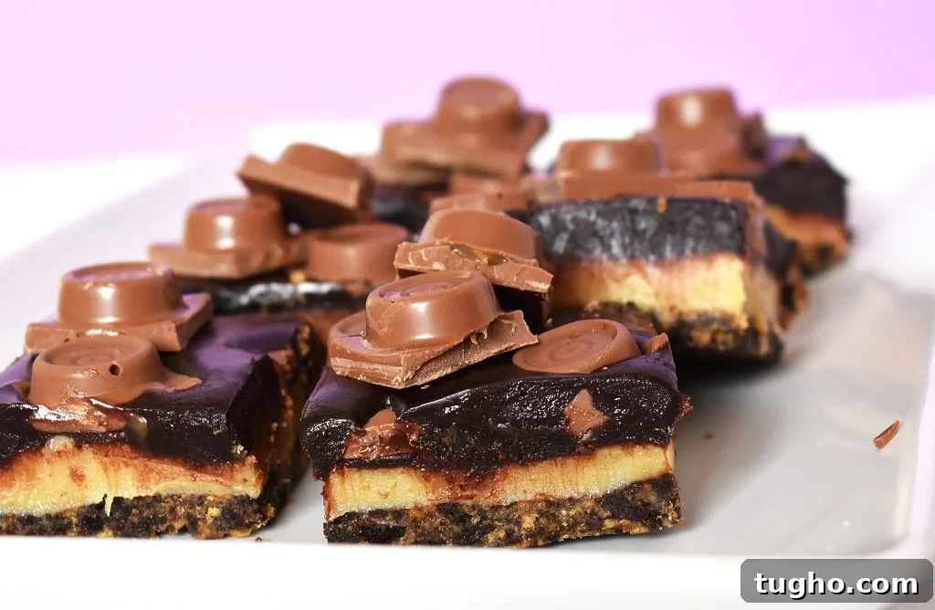 Slices of caramel and chocolate layer slice on a white plate.