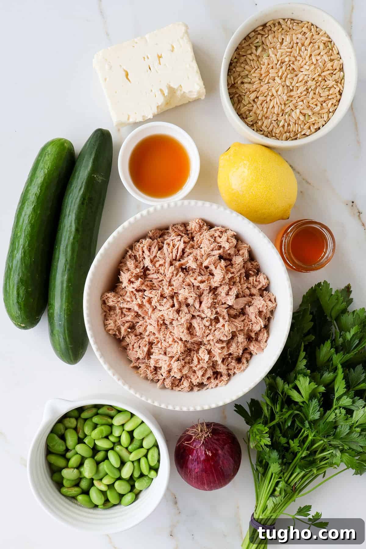 Protein-Packed Tuna, Cucumber and Edamame Salad Recipe 4 Ingredients shown to make the recipe.