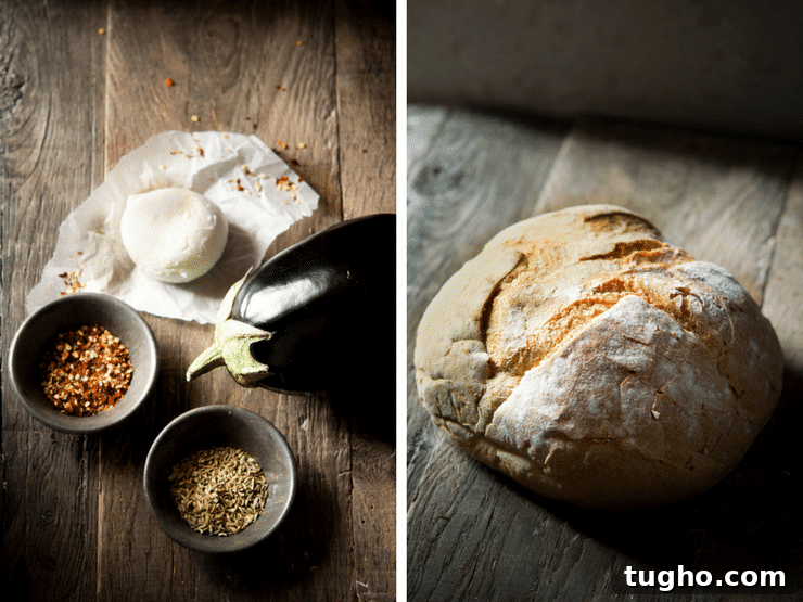 Two photos one of eggplant, mozzarella, red pepper flakes and fennel seeds laid out on a wooden surface. The next is a loaf of crusty bread on a wooden surface. Eggplant bruschetta with mozzarella