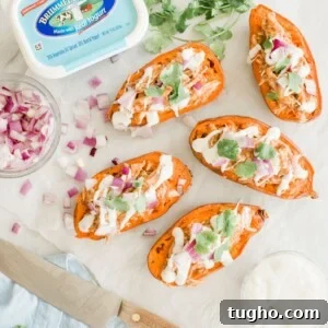 30 Minute Dinner Recipes for Busy Weeknights 14 Roasted sweet potato halves topped with red onions, cilantro, and a creamy sauce on parchment paper. Brummel & Brown yogurt spread tub, chopped onions, fresh cilantro, a knife, and a bowl of sauce are nearby.