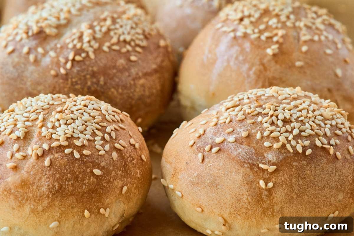 How to Make Crusty Italian Sourdough Rolls 11 Close up of four golden brown sesame-topped rolls