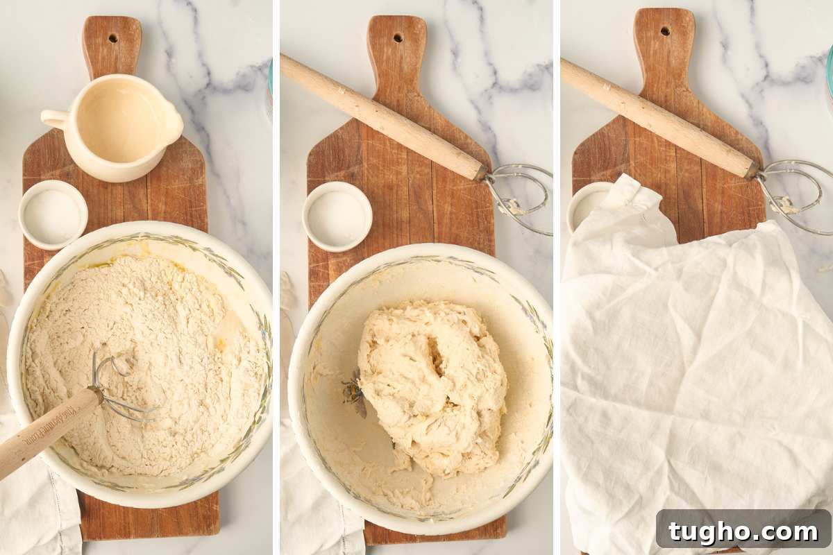 How to Make Crusty Italian Sourdough Rolls 4 Dough mixed in bowl and resting under cloth