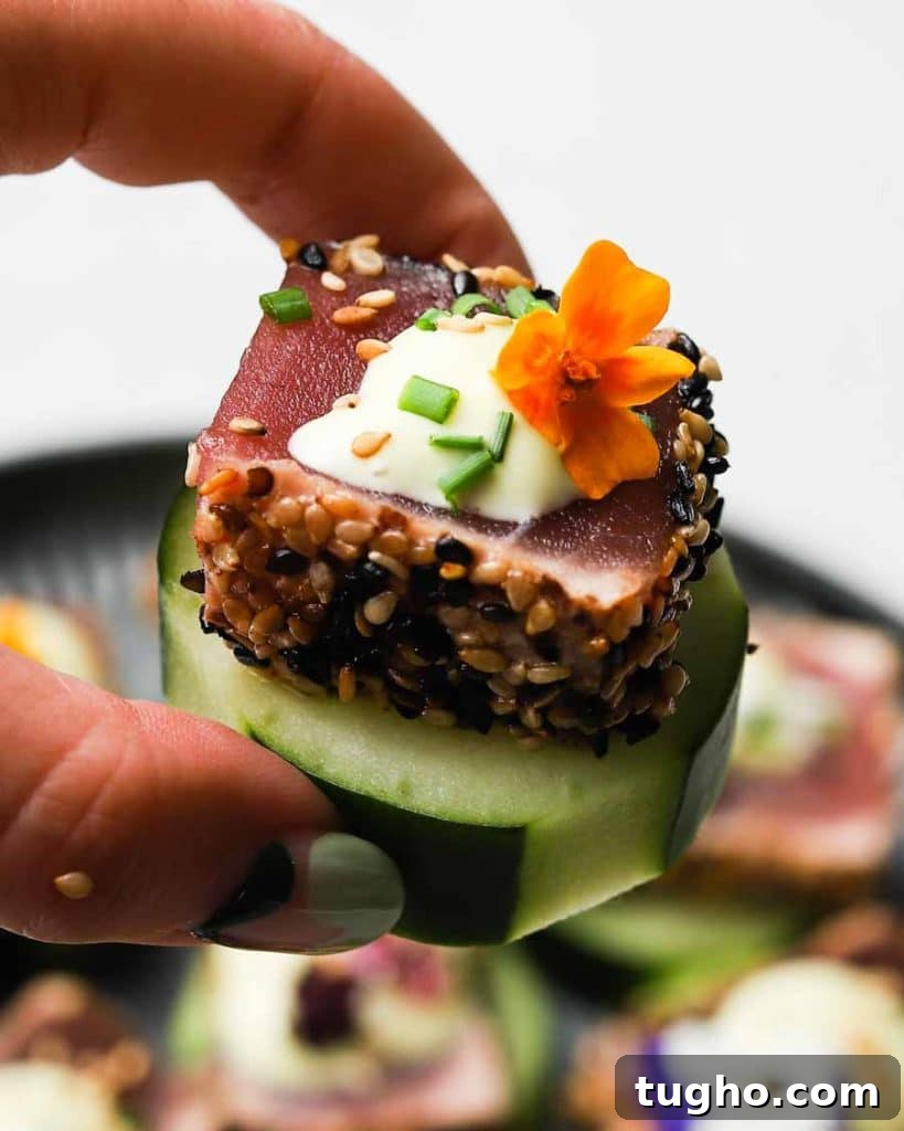 Seared Ahi Tuna Cucumber Bites with Spicy Wasabi Mayo 3 Seared Ahi Tuna Cucumber Bites with Wasabi Mayo