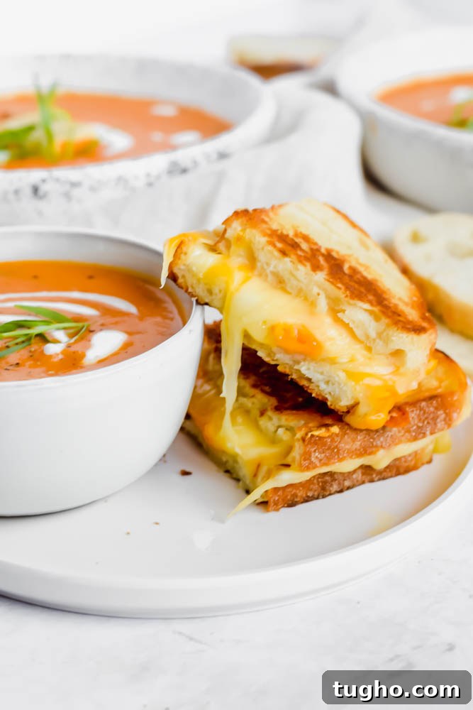 bowl of dairy free tomato soup with two pieces of grilled cheese beside it.