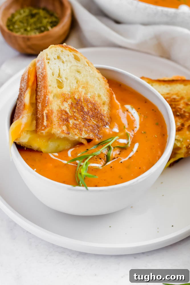 piece of grilled cheese being dunked into a big bowl of dairy free tomato soup.