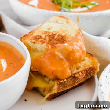stacked grilled cheese sandwich dunked in roasted tomato soup on white plate.
