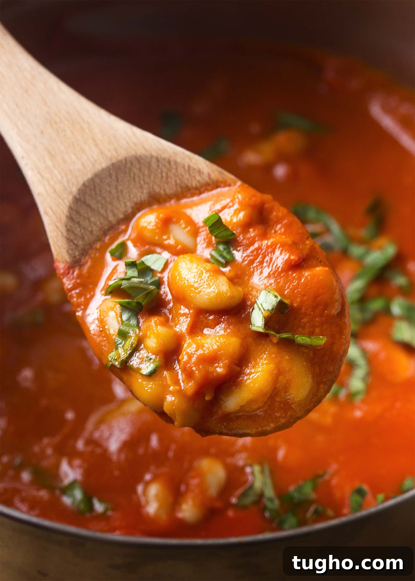 A wooden spoon lifting a spoonful of beans and sauce out of a pot.