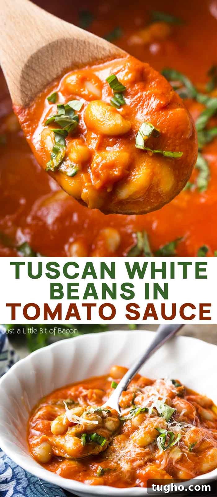 A spoon of beans and beans in a bowl with text overlay - Tuscan White Beans in Tomato Sauce.