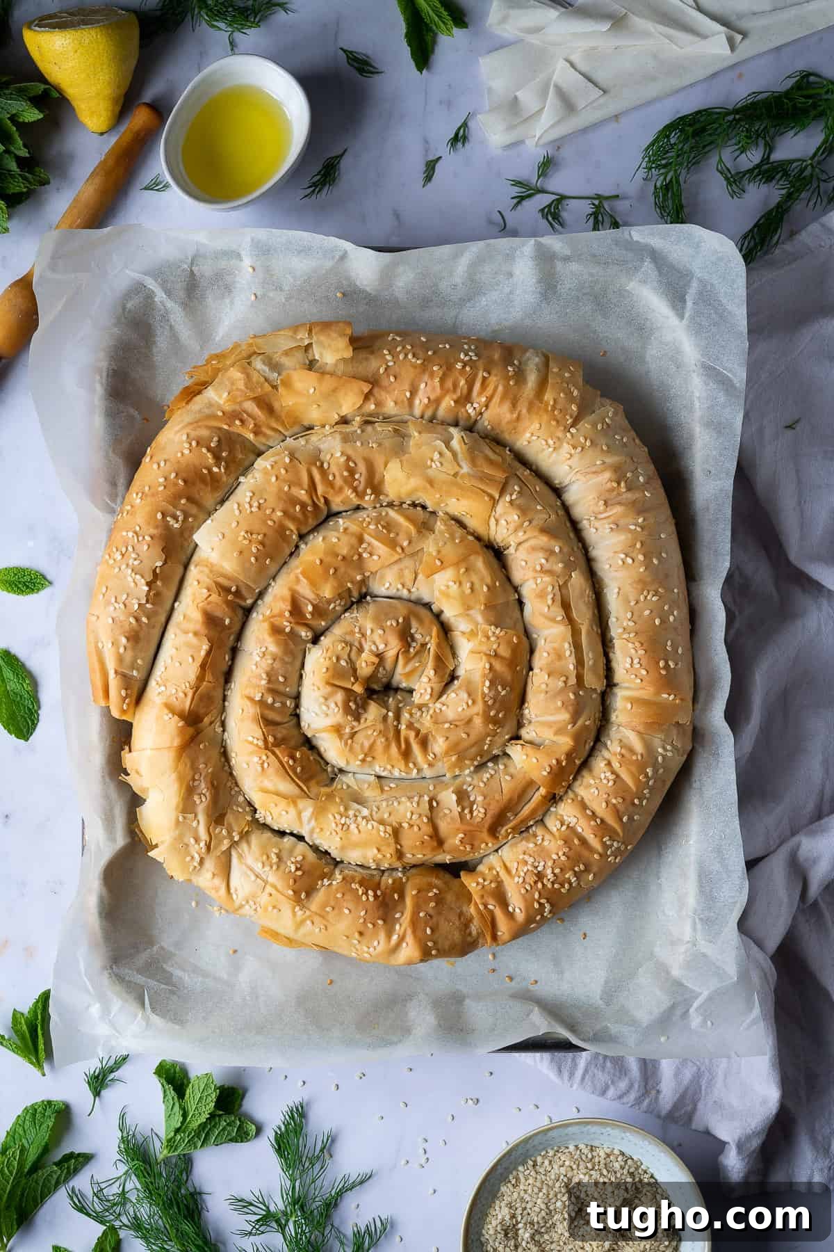 Vegan spanakopita spiral - this impressive vegan spinach and cheese filo pie consists of a soft, cheesy, salty, herby spinach filling encased in crisp phyllo pastry. It's a real crowd pleaser that is much easier to make than it looks! #veganbaking #dairyfree #veganmeal vegan spanakopita spiral on a baking sheet on a marble background with fresh herbs.