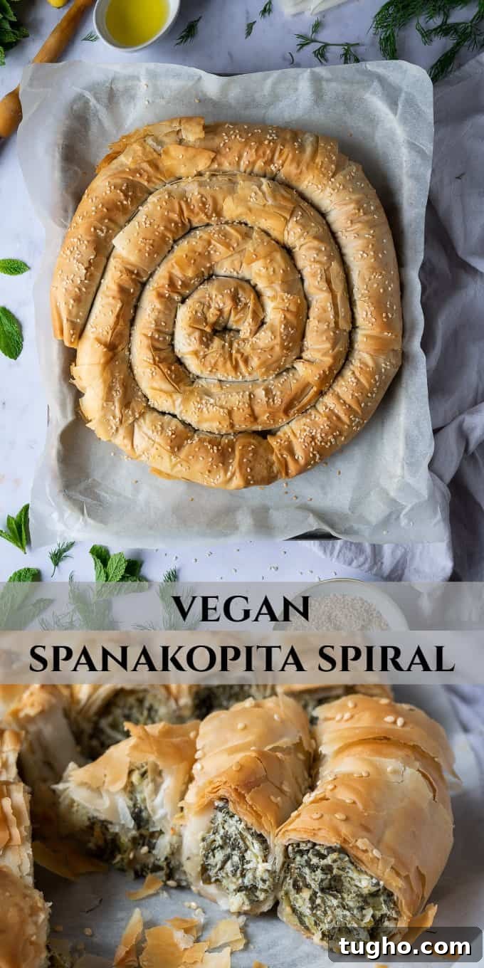 Vegan spanakopita spiral - this impressive vegan spinach and cheese filo pie consists of a soft, cheesy, salty, herby spinach filling encased in crisp phyllo pastry. It's a real crowd pleaser that is much easier to make than it looks! #veganbaking #dairyfree #veganmeal pinterest image