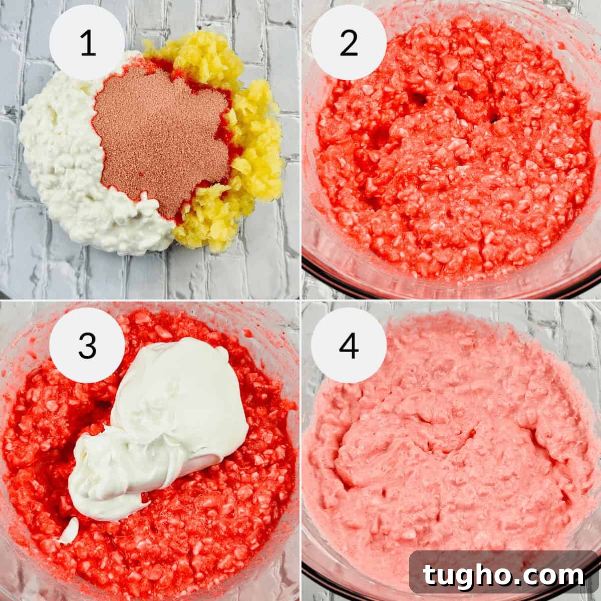 Collage of four bowls with ingredients being mixed: 1) dry mix and pineapple, 2) combined ingredients, 3) mixture with added cream, 4) smooth pink Cottage Cheese Jello Salad mixture.
