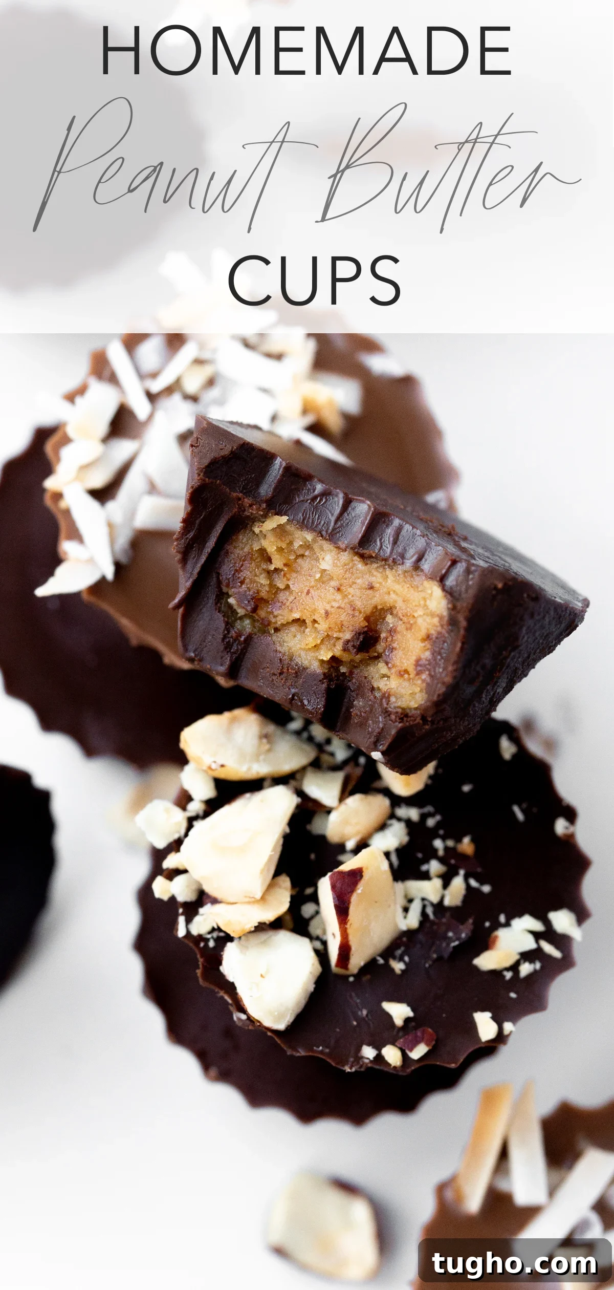 closeup of a homemade mini peanut butter cup with a bite taken out of it with title text overlay