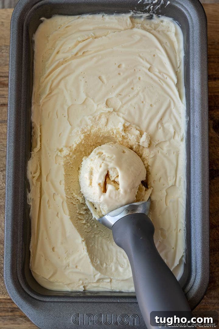 How to Make Homemade Vanilla Ice Cream (Video) 2 Vanilla ice cream in a loaf pan with a scoop on top.
