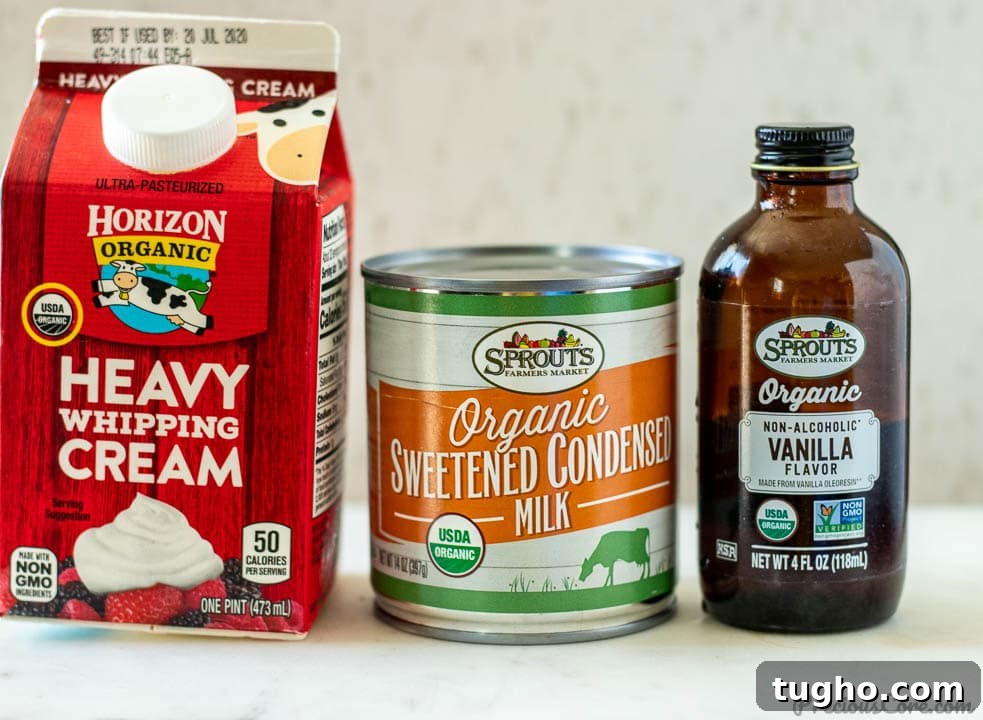How to Make Homemade Vanilla Ice Cream (Video) 3 Heavy whipping cream, sweetened condensed milk and vanilla
