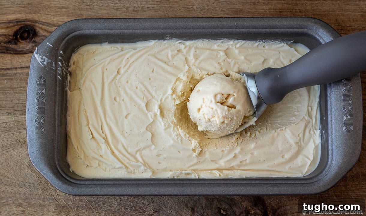 How to Make Homemade Vanilla Ice Cream (Video) 5 Homemade vanilla ice cream in a loaf pan.