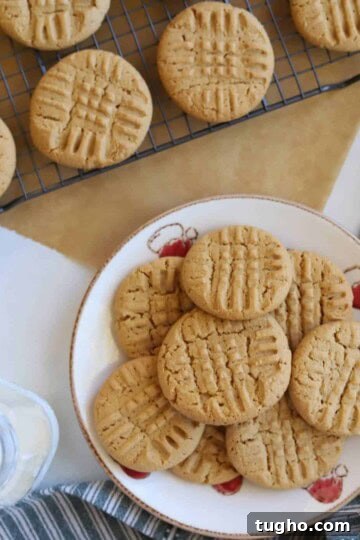 Peanut butter cookies on plate with side of milk.