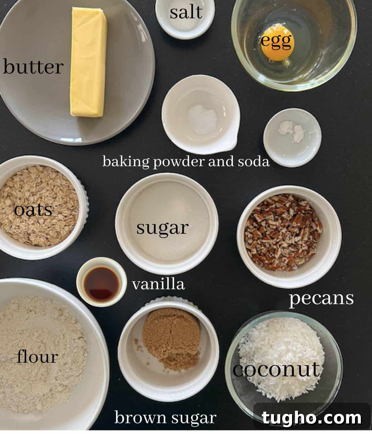 Ingredients for coconut pecan cookies.
