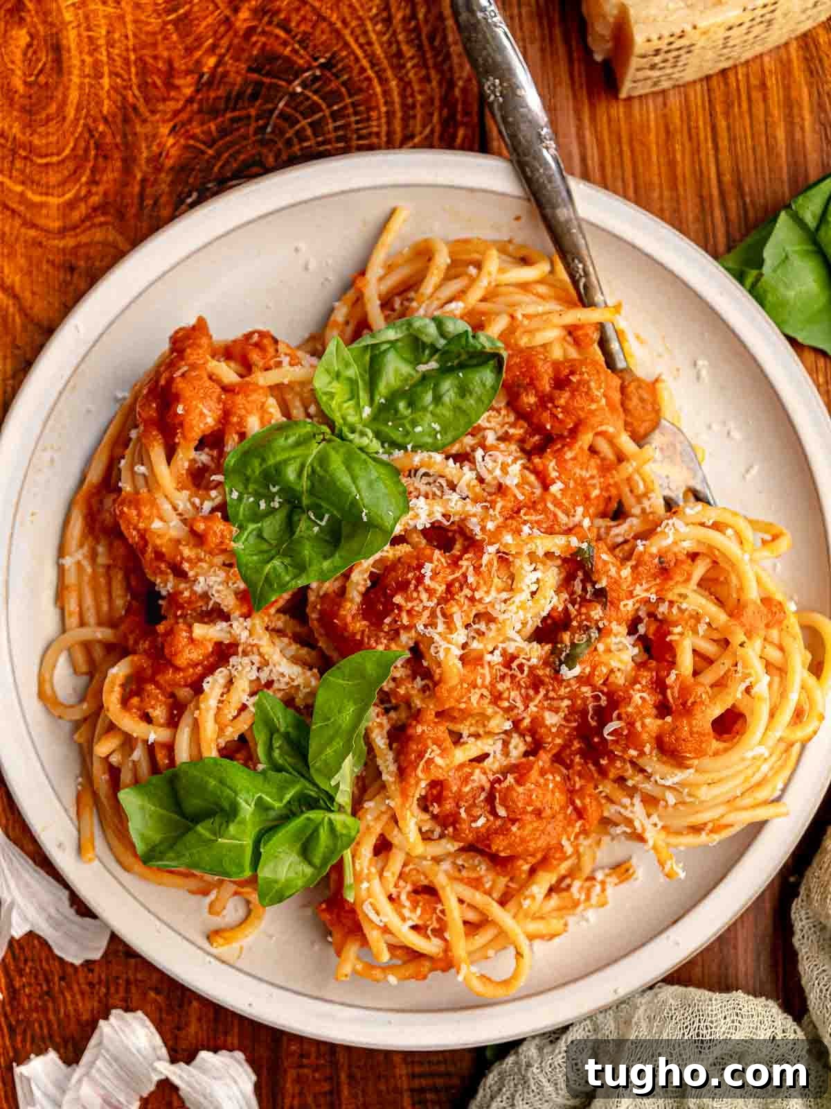 Nonna's Classic Italian Pasta Sauce Recipe 2 A plate of spaghetti with red sauce and basil.