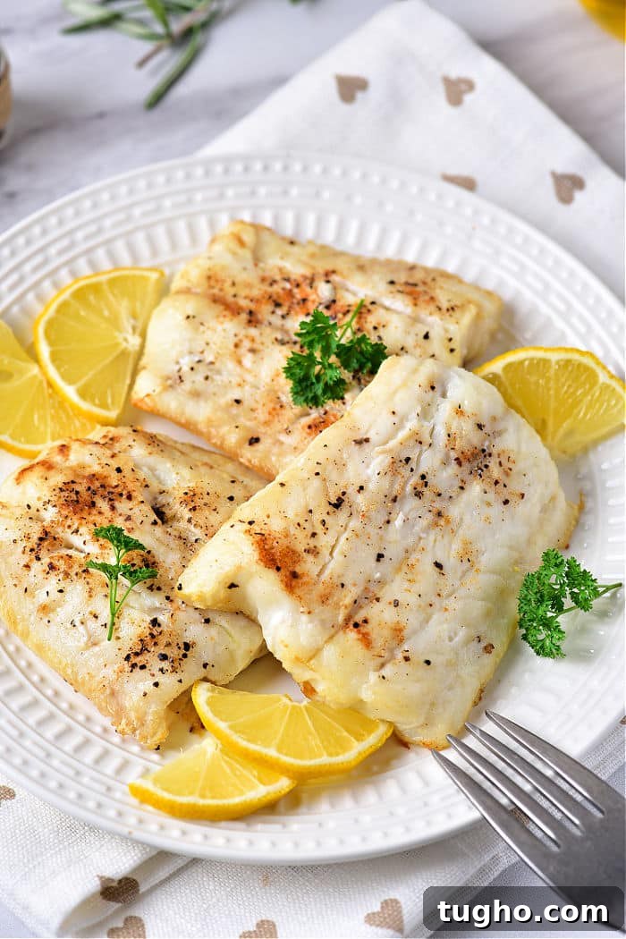 How Long to Cook Cod: Oven, Pan-Fry and Grill Times 5 baked cod fillets delicately cooked to perfection, paired with lemon slices and parsley on a white plate.