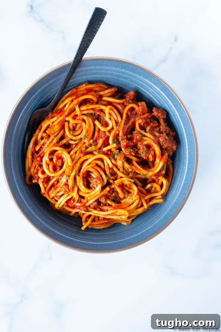 Instant Pot spaghetti and meat sauce in a bowl.