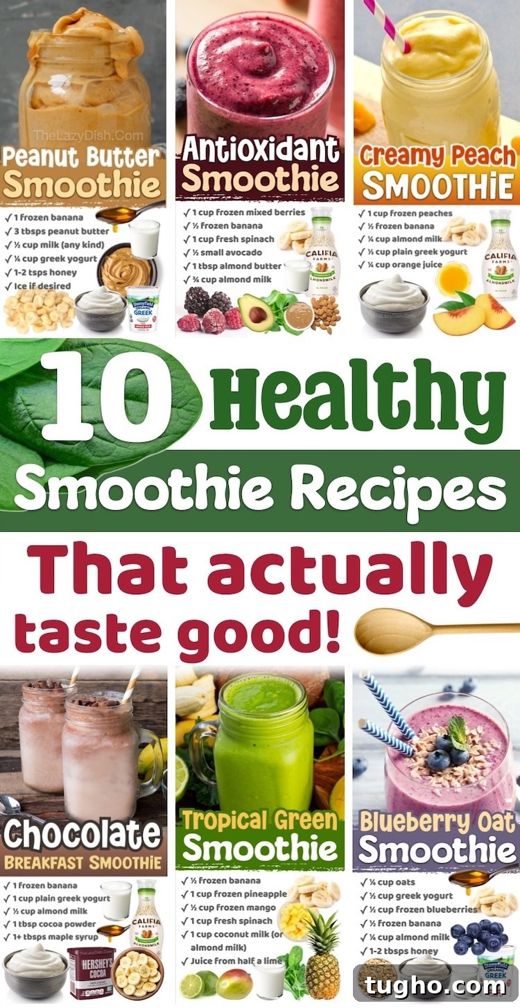 10 Smoothie Recipes That Are Delicious and Nutritious 2 I've rounded up a list of healthy and easy smoothie recipes you'll want to sip on all summer long! Everything from chocolate and peanut butter to peach, strawberry, pineapple, spinach, and more. Enjoy these yummy smoothie ideas for a quick breakfast or cold treat during the day. They are all kid approved and fast to make in your blender with common ingredients. A great way to load up on vitamins and protein!