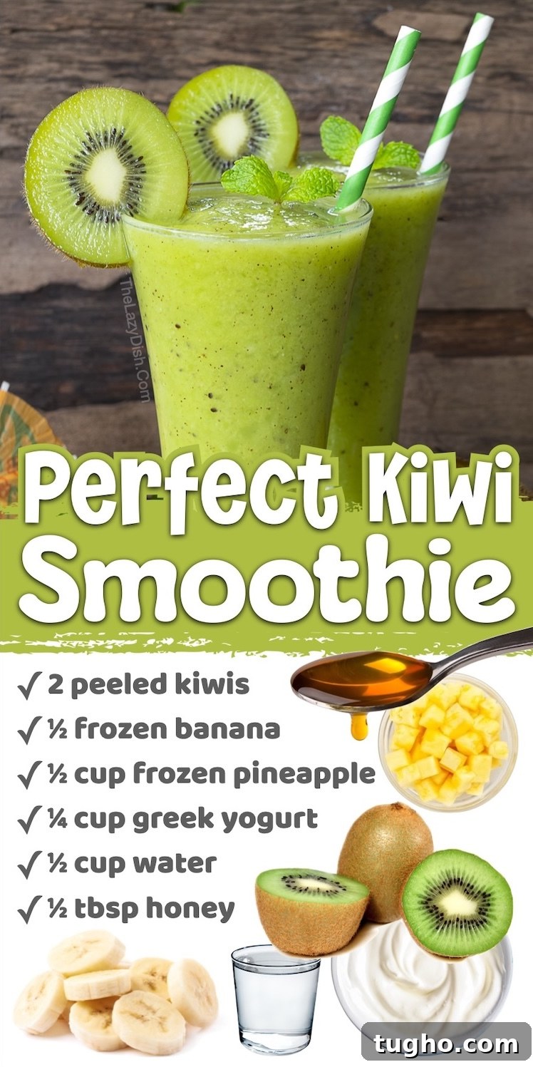 Number 10 on The List of Healthy Fruit Smoothie Recipes For Summer | Yummy Kiwi Smoothie made with frozen bananas, pineapple, and greek yogurt to make a green smoothie that tastes like dessert! My family uses the blender almost every day in the hot summer months to make smoothies for breakfast or afternoon treats we can sip on by the pool. 