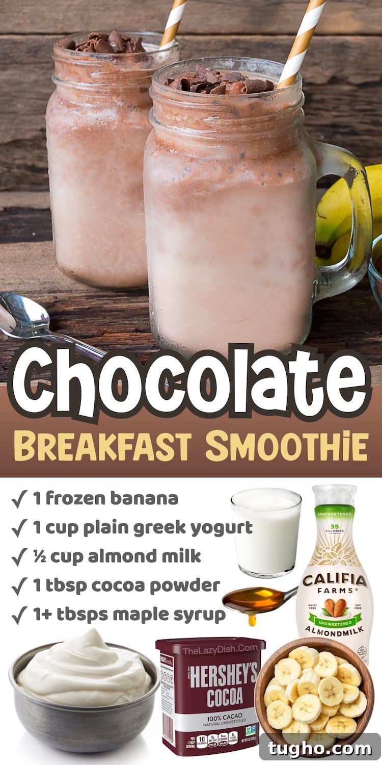 Number 1 on The List of Healthy Breakfast Smoothie Ideas | Chocolate Breakfast Smoothie made with frozen banana, greek yogurt, almond milk, and cocoa powder. A delicious and clean eating smoothie that actually tastes good!