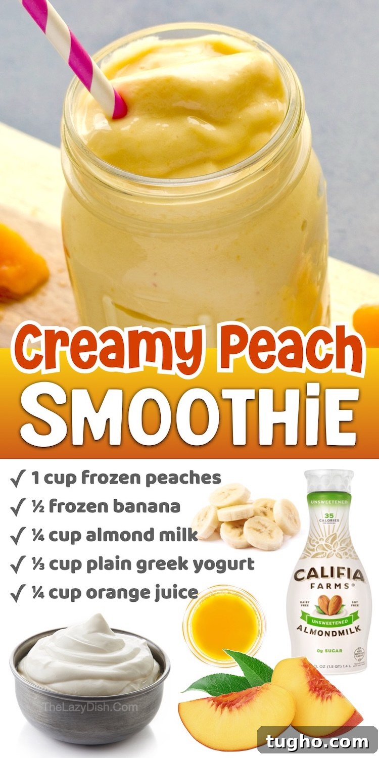 Number 3 on the List of Easy & Healthy Smoothie Recipes To Make | This Creamy Peach Smoothie is yummy and refreshing yet made with healthy ingredients! The perfect fruity yet creamy cold drink in the summer time that can be enjoyed for breakfast or an afternoon treat. 