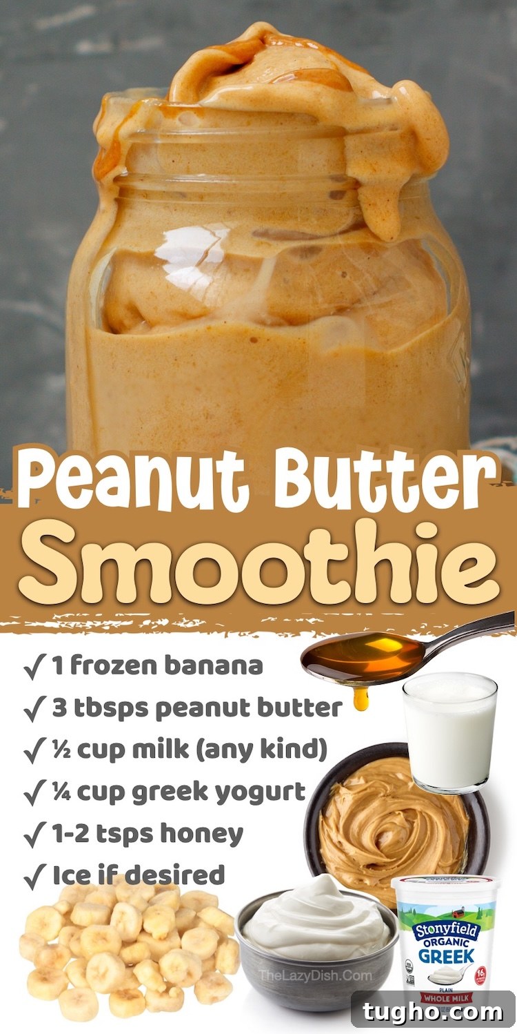 Number 5 on the List of Healthy Easy Smoothie Ideas | Yummy clean eating peanut butter smoothie made with plain greek yogurt and frozen bananas to make it extra creamy and delicious. You would never guess this smoothie is healthy! It tastes like an indulgent summer treat that you don't have to feel guilty about. 
