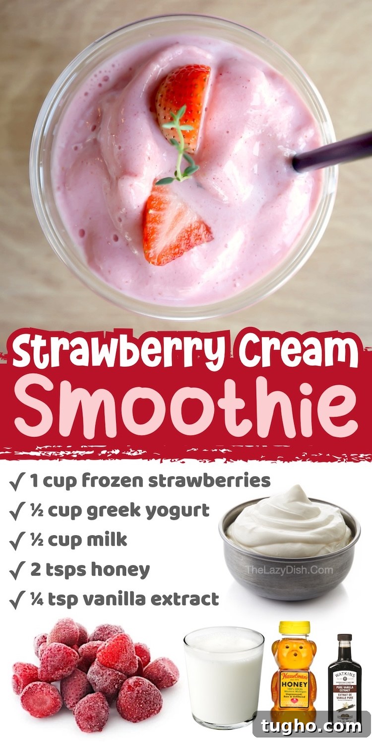 Number 8 on The List of Fruit Smoothie Recipes To Make This Summer | Everyone loves strawberries and cream, and this easy smoothie is no exception. Just blend together frozen strawberries with yogurt, milk, and honey to make this cold breakfast or after lunch snack. 