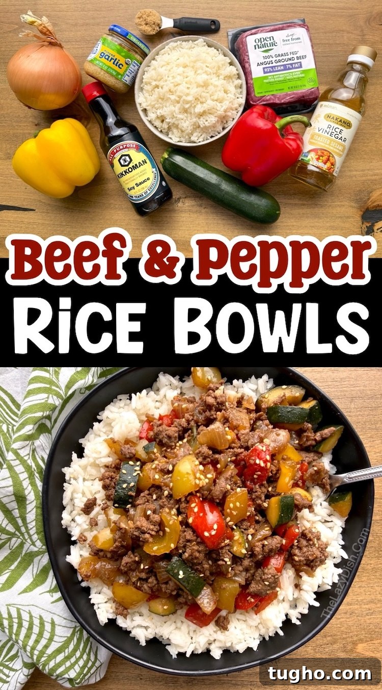 Beef and Pepper Rice Bowls 11 How to make a ground beef and bell pepper stir fry for busy weeknight dinners with simple and budget friendly ingredients. The sauce is asian style made with just soy sauce, brown sugar, vinegar, garlic, and red pepper flakes.