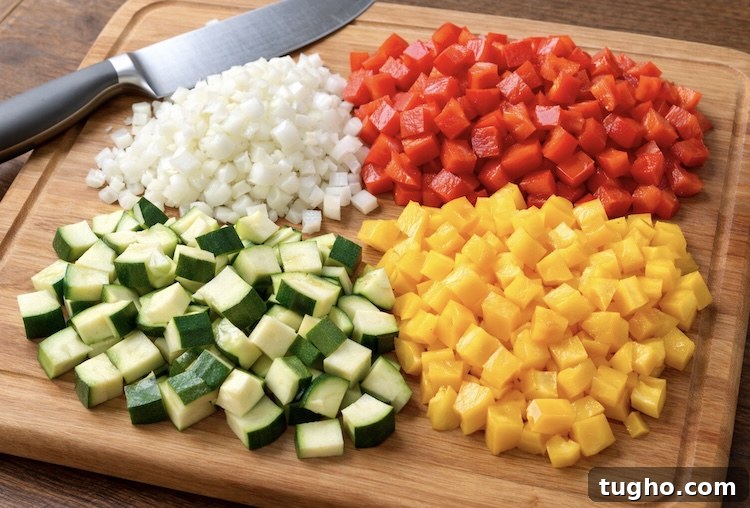 Beef and Pepper Rice Bowls 5 A wooden cutting board full of freshly chopped onion, colorful bell peppers, and zucchini.