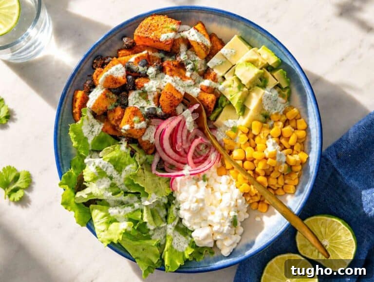 Step 4 Sweet potato black bean bowl drizzled with sauce just before serving.