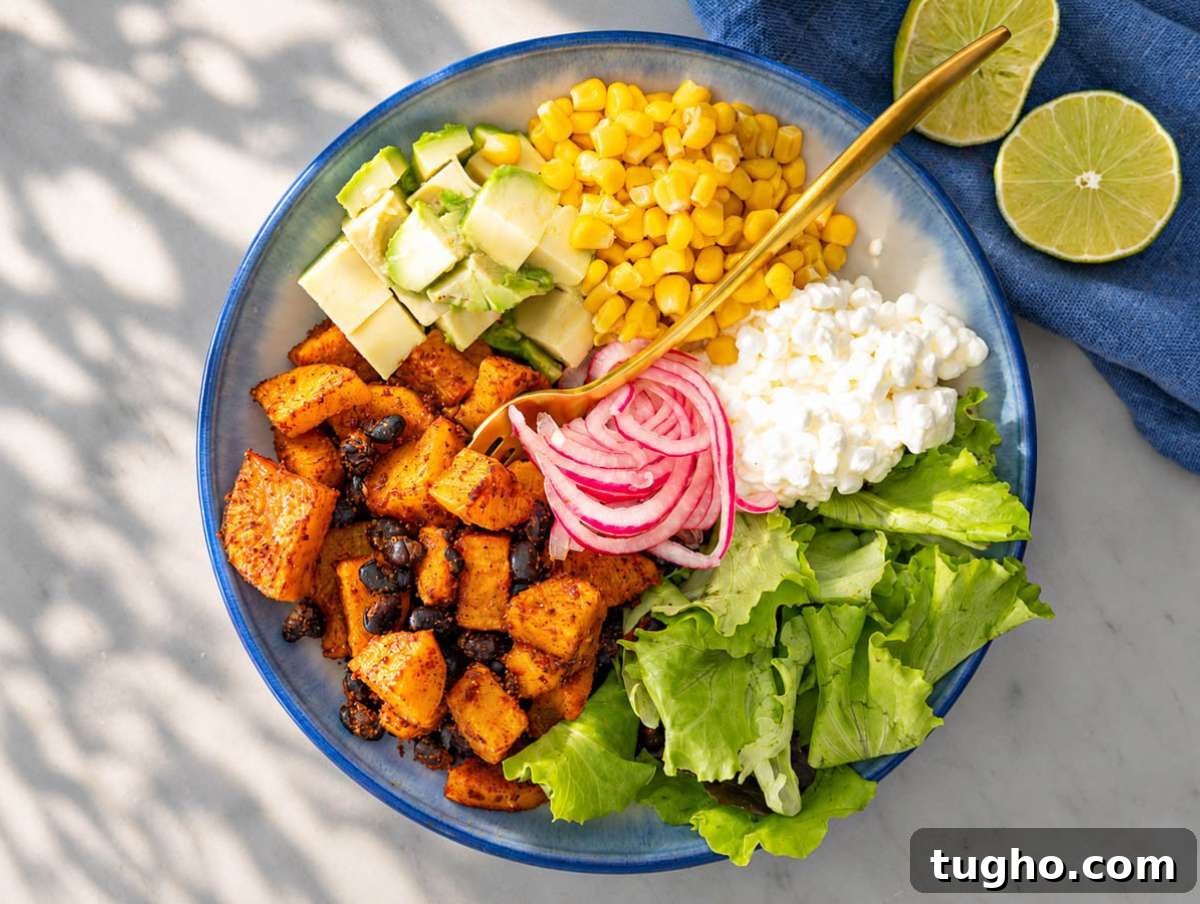 Step 3 Lettuce, avocado, roasted vegetables, and toppings arranged in serving bowl.