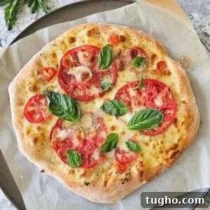 Baked tomato pizza topped with freshly grated parmesan cheese and fresh basil leaves on pizza pan topped with parchment paper.