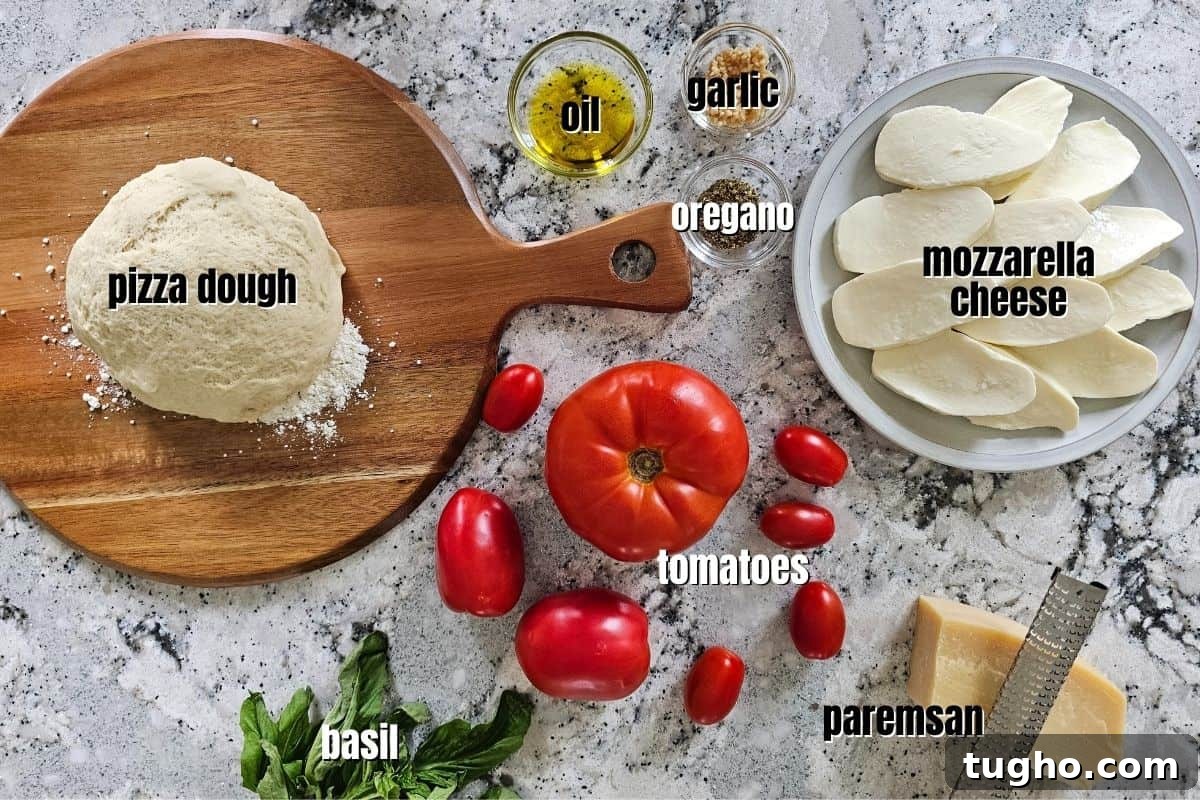 Ingredients for fresh tomato pizza labeled on counter.
