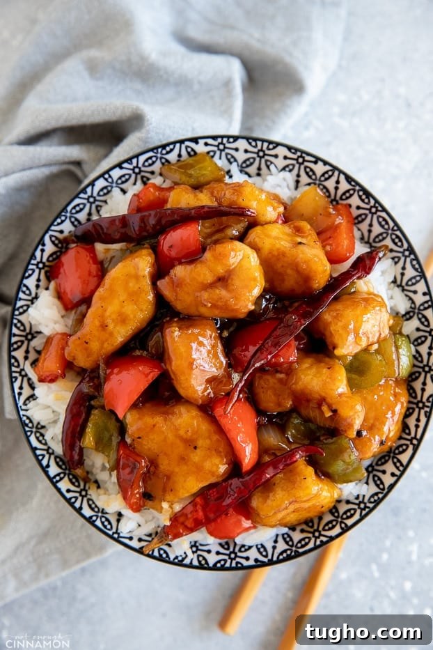 Szechuan style Chicken overhead shot of a bowl with rice topped with Chinese 5 Spice Chicken