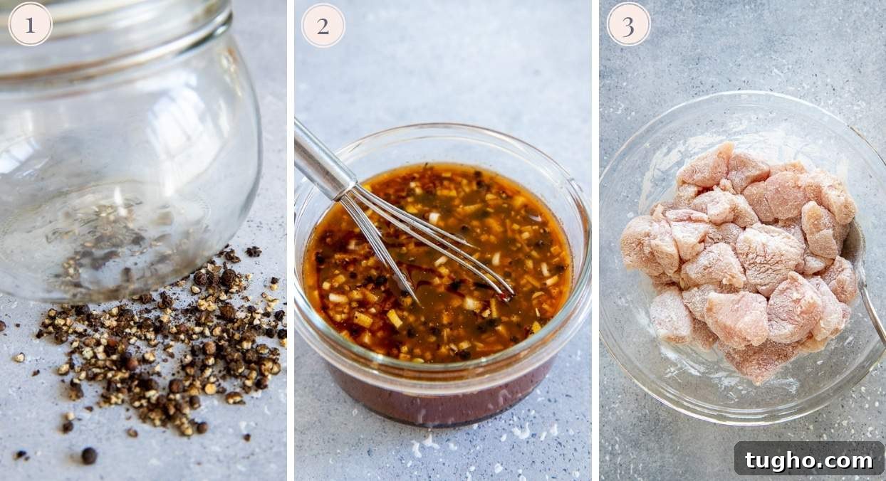 Szechuan chicken picture collage demonstrating how to prep meat and sauce for Chinese Szechuan chicken stir-fry