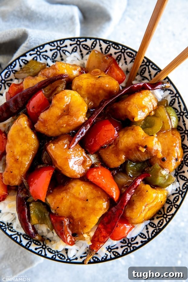 Szechuan chicken overhead shot of a bowl of healthy Chinese Szechuan chicken stir fry served with rice