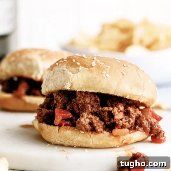 Freezer Meals for Large and Small Families 5 Sloppy Joe on a plate with another sloppy joe in the background and a bowl of chips.