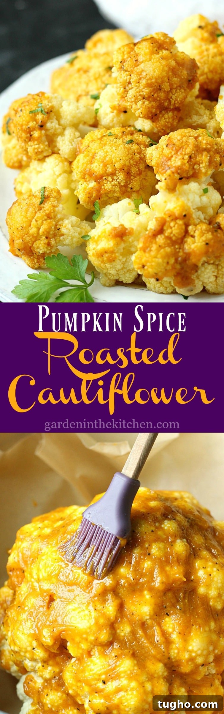 Crispy Pumpkin Spice Roasted Cauliflower Recipe 7 Pumpkin Spice Roasted Cauliflower on a white plate with parsley.