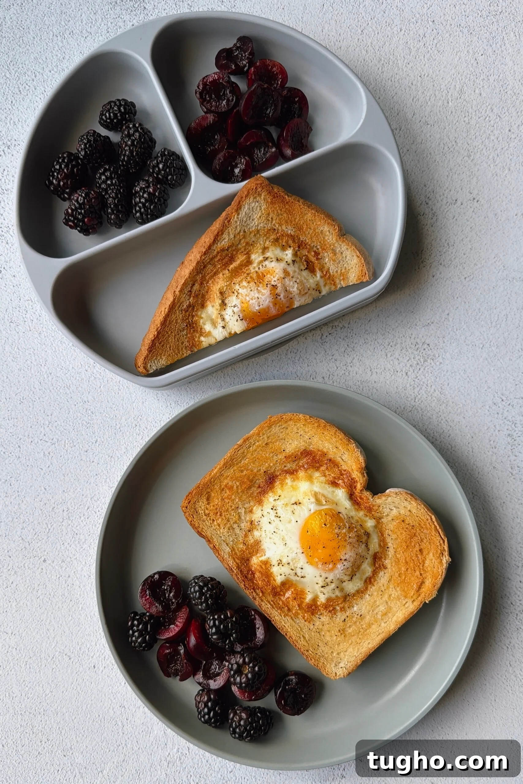 Quick Air Fryer Egg Toast Recipe 6 Air fryer egg toast served with blackberries and cherries.
