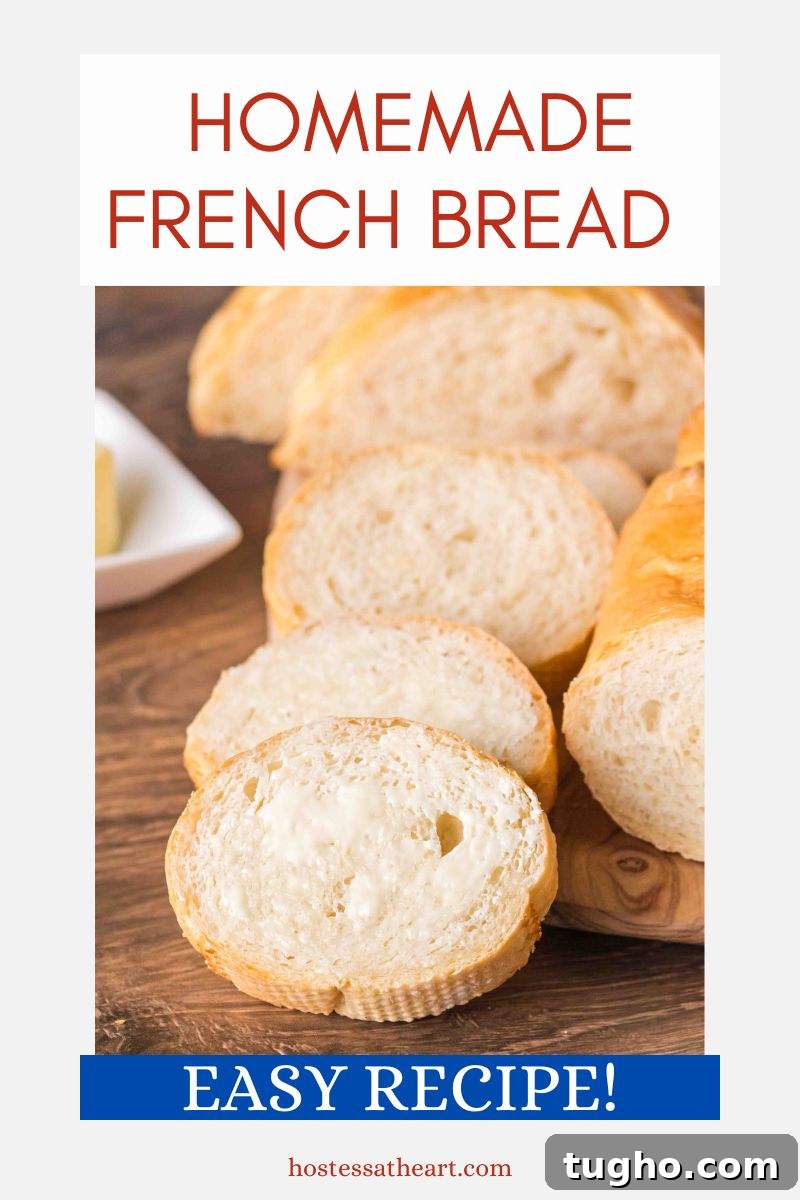 French Baguette Recipe: Make Two Loaves at Home 16 An image for Pinterest of a sliced loaf of French Bread Baguette - Hostess At Heart