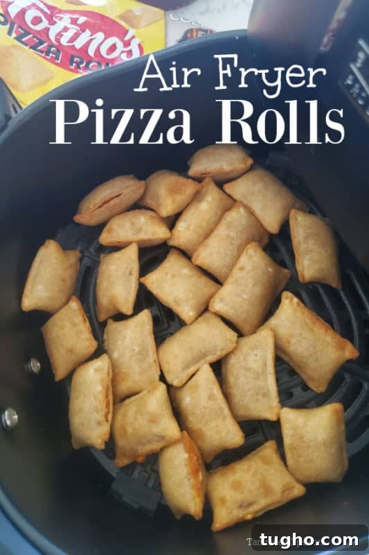 Crispy Air Fryer Pizza Rolls Recipe 2 Air Fryer Pizza Rolls text written over pizza rolls in the air fryer basket.