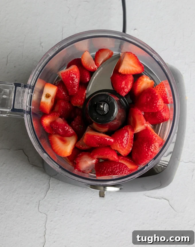 Homemade Strawberry Milk Recipe with Fresh Strawberries 4 A photo of strawberries in a food processor used to make homemade strawberry milk