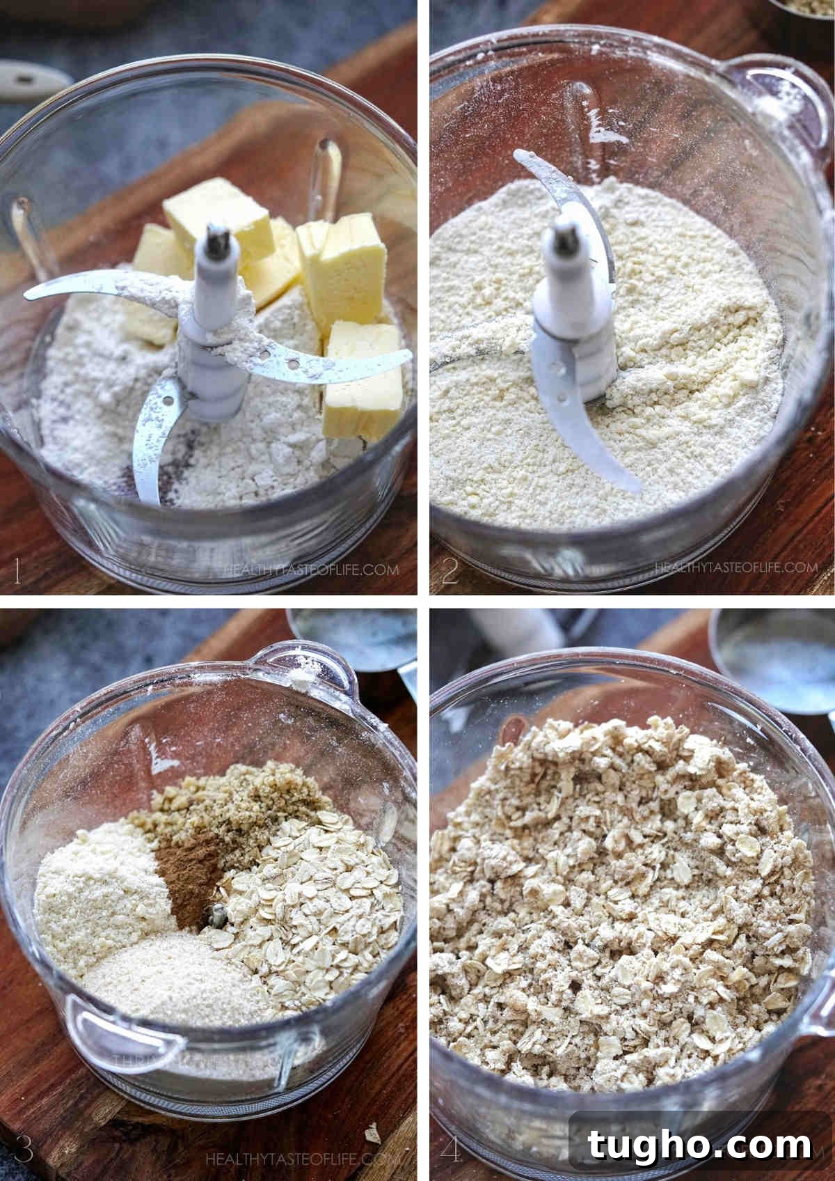 Oat-Topped Peach Crumble Recipe 4 Process shots showing step 1: how to make the oat crumble topping for peach crisp.