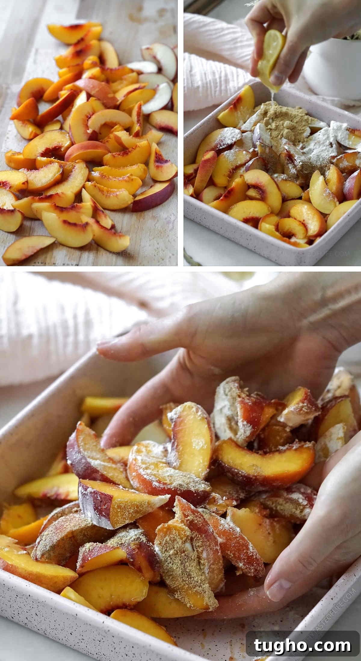 Oat-Topped Peach Crumble Recipe 5 Process shots showing step 3: how to mix the peach filling for this healthy peach crumble with oats.